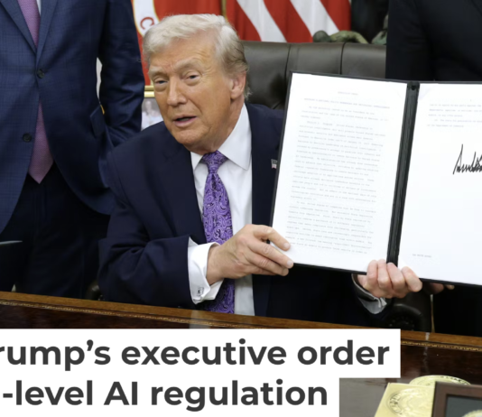 President Donald Trump displays his executive order countering state laws regulating AI. Alex Wong/Getty Images